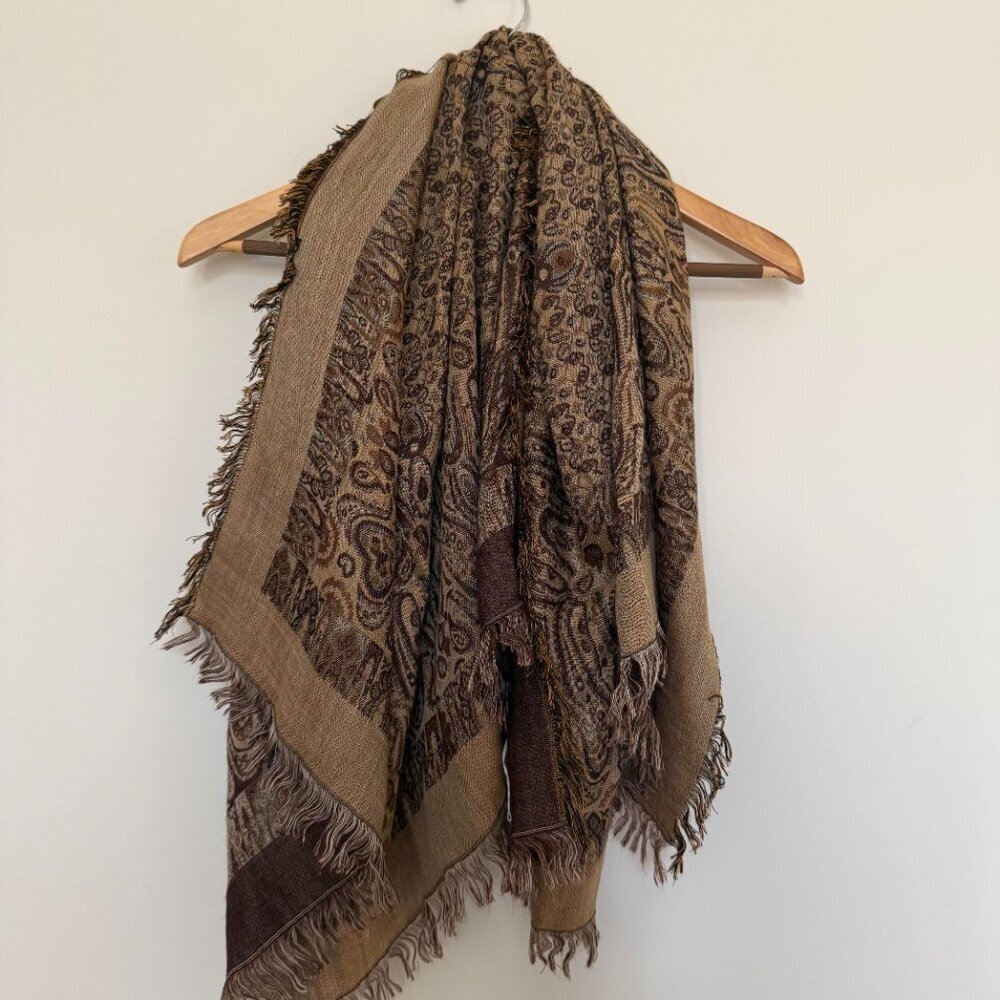 Pashmina Silk Blend Paisley Fringe Wrap Scarf Vintage Boho Tan Brown